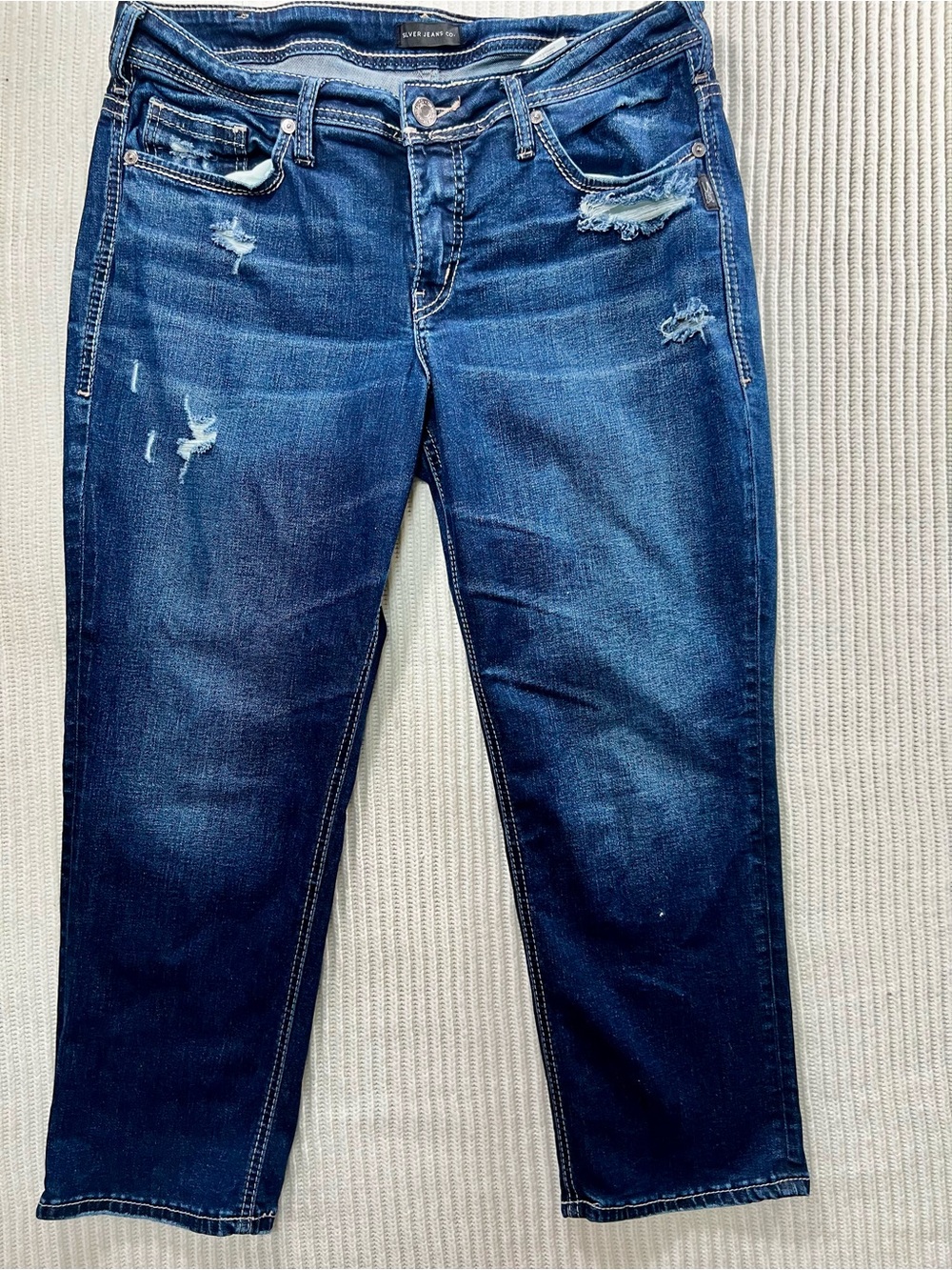 A-013 Silver Jeans Capri's Distressed Dark Wash